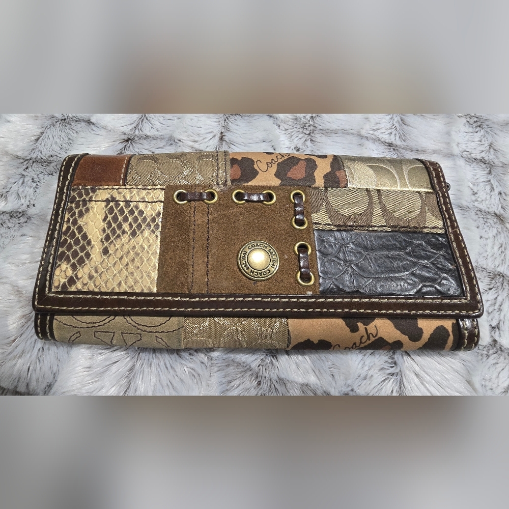 Coach Patchwork Multicolor Slim Envelope Wallet Leopard Metallic EUC